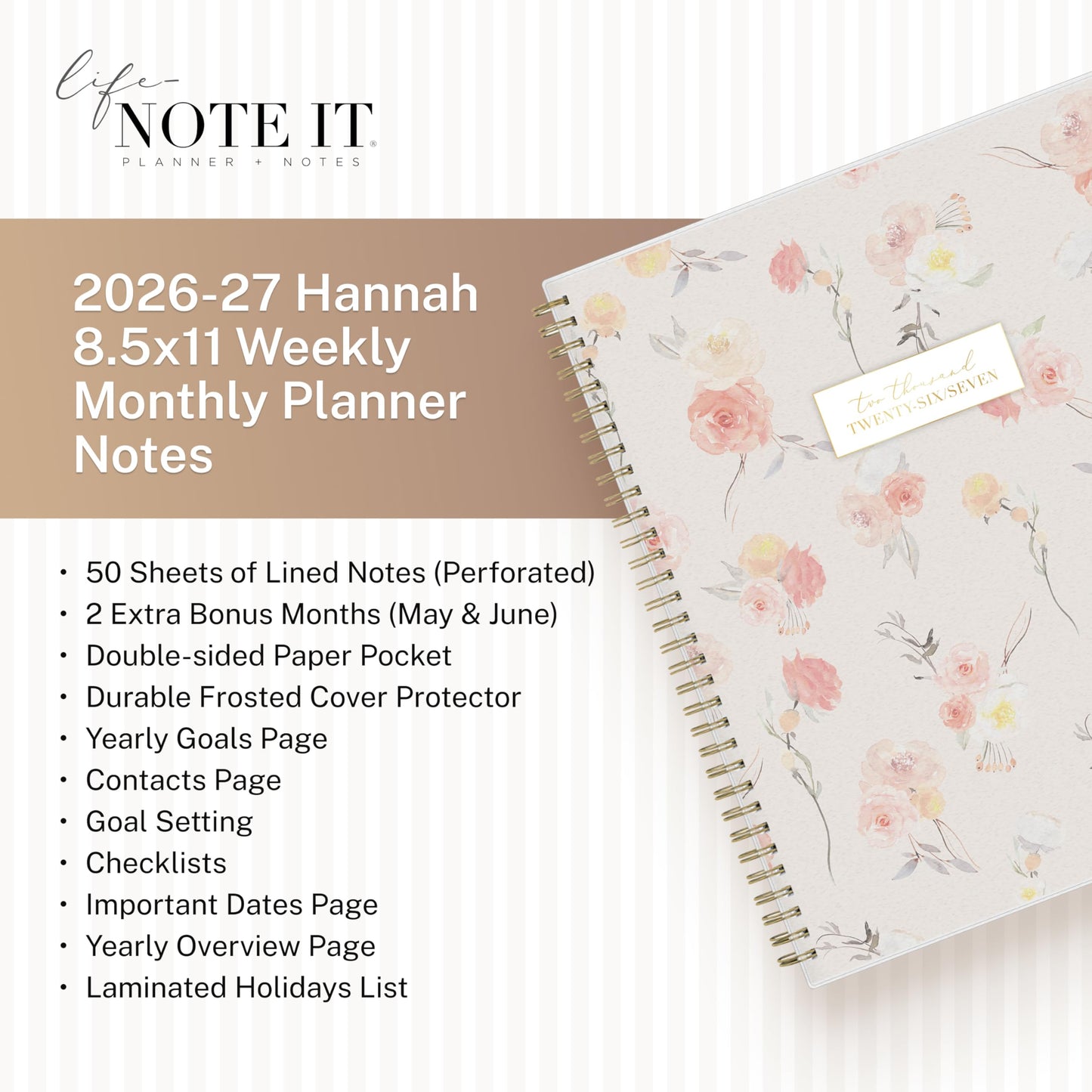 Blue Sky Life Note It 2026-2027 Academic Year Weekly and Monthly Planner, July 2026 - June 2027, 8.5” x 11”, Flexible Cover, Laminated Tabs, Wirebound, Storage Pocket, Hannah
