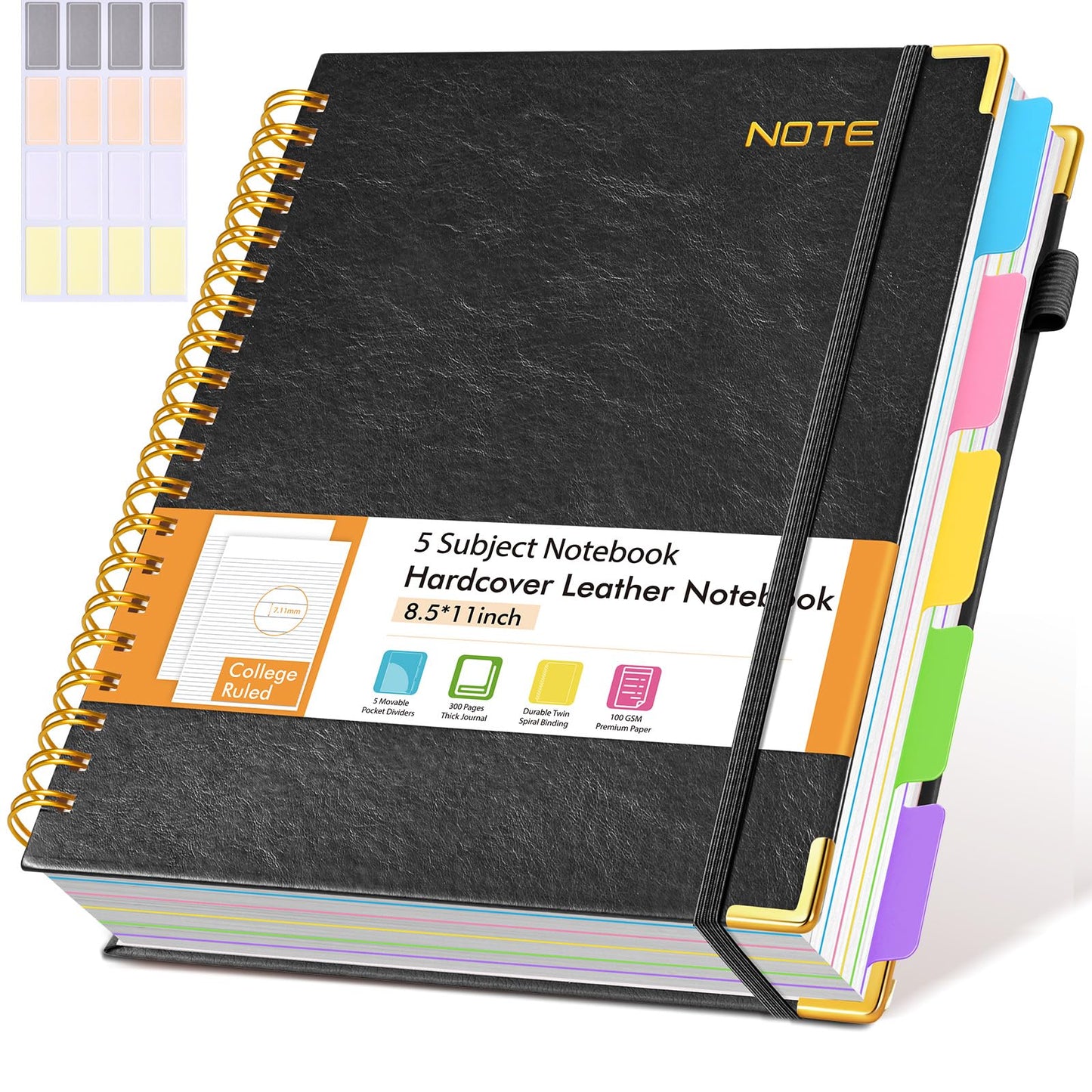 Hardcover Large Spiral Notebook 8.5" x 11" with Removable Dividers Tabs, 300 pages Leather 5 Subject Notebook College Ruled, A4 Journal for Women Men, Notebooks for Work School Note taking,Black
