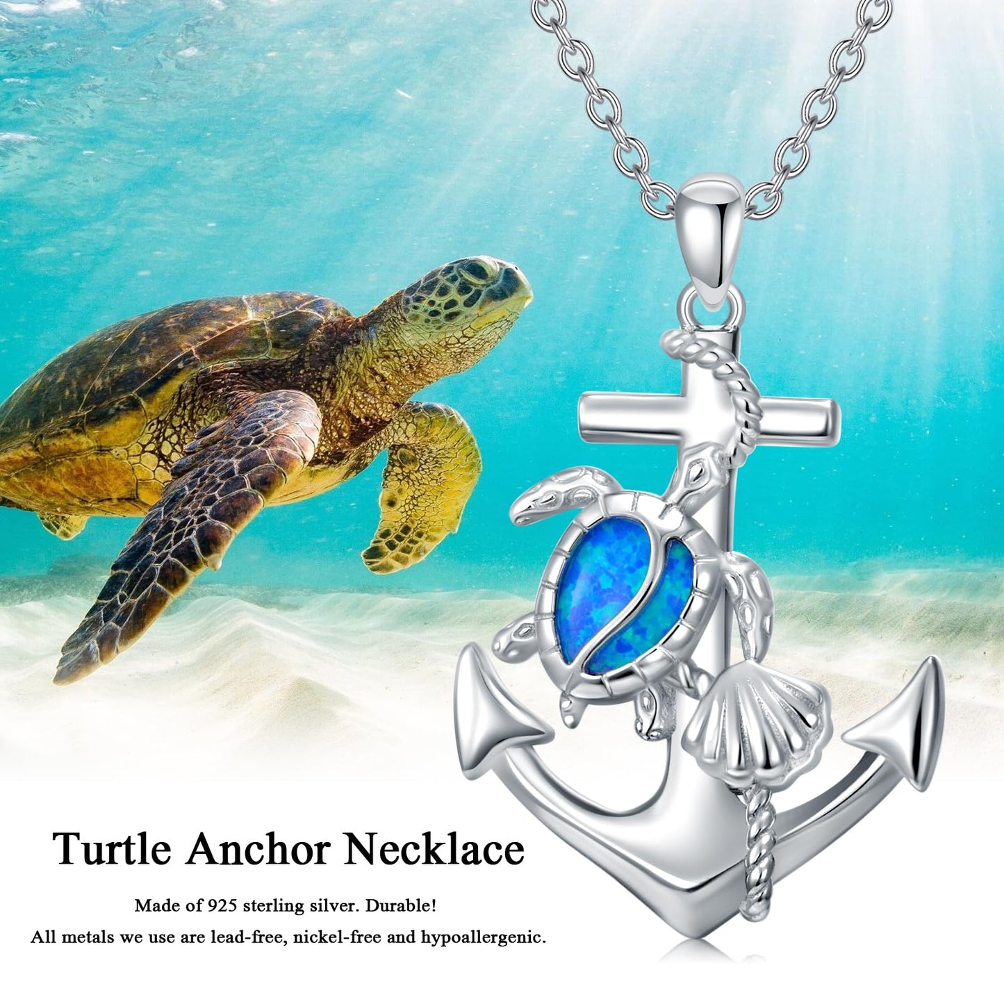 KoyeKei Sea Turtle Necklace Gifts for Women 925 Sterling Silver Anchor Sea Turtle Pendant Blue Opal Ocean N autical Jewelry Beach Seashell Graduation Gifts for Mom Wife Girlfriend Her