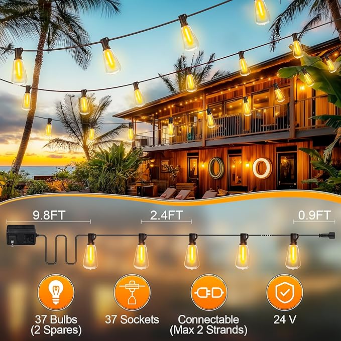 Outdoor Lights String Patio Outside - 100ft 30M LED Waterproof Light - Hanging Lighting ST38 Shatterproof Edison Bulb Deck Backyard Gazebo Balcony Party Bistro Cafe Pergola Garden Yard Porch Dimmable