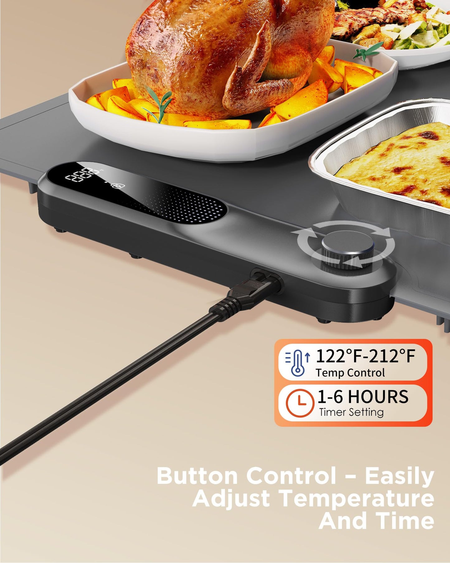 FEPPO Food Warming Mat, Electric Warming Trays for Buffets Party, Fast Full-Surface Heating Mat for Food with 19 Level Adjustable Temperature and 6 Hours Timer, Roll Up Food Warmer