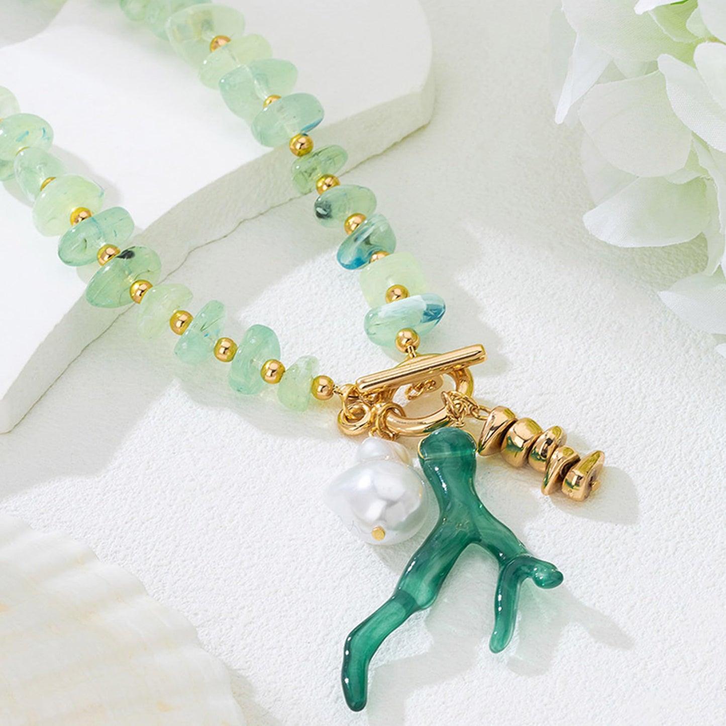 Ocean Coral Pendant Necklace for Women Green Acrylic Beaded Choker Gold OT Clasp Baroque Pearl Charm Necklace Boho Summer Beach Vacation Nautical Coastal Jewelry (Green)
