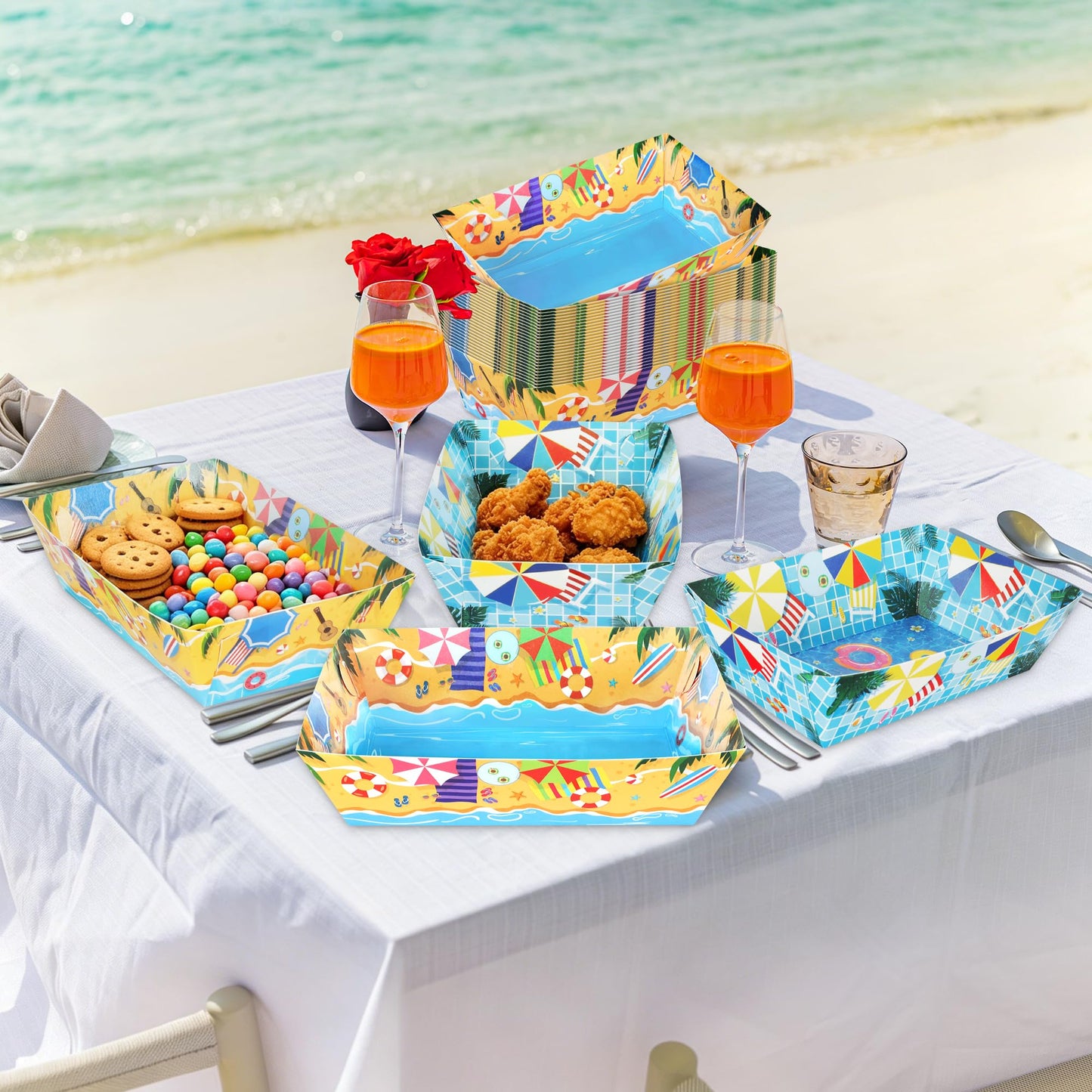 100 Pcs Pool Party Decorations, 5.94" x 3.34" x 2.16" Summer Beach Pool Party Snack Trays, Disposable Paper Food Trays with 2 Designs, Serving Plates for Tropical Hawaiian Summer Themed Decorations