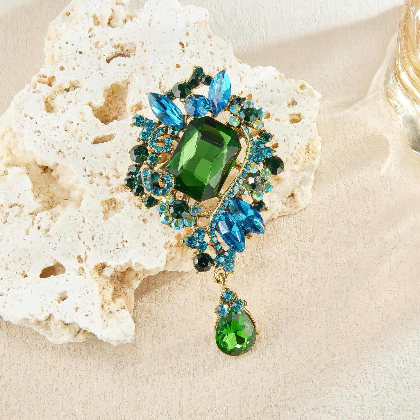 YOQUCOL Retro Green Austrian Crystal Big Brooch Pin for Women Large Flower Water Drop Shape Brooches Lapel Pins for Sweater,Coat Dress Accessories -106