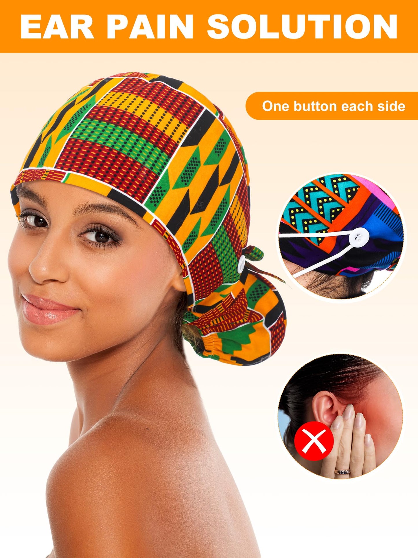 Floraltop 6 Pcs Satin Lined Scrub Caps Women Nurse Surgical Hat with Buttons Ponytail Working Adjustable Shower Caps Tie Back(African Style)