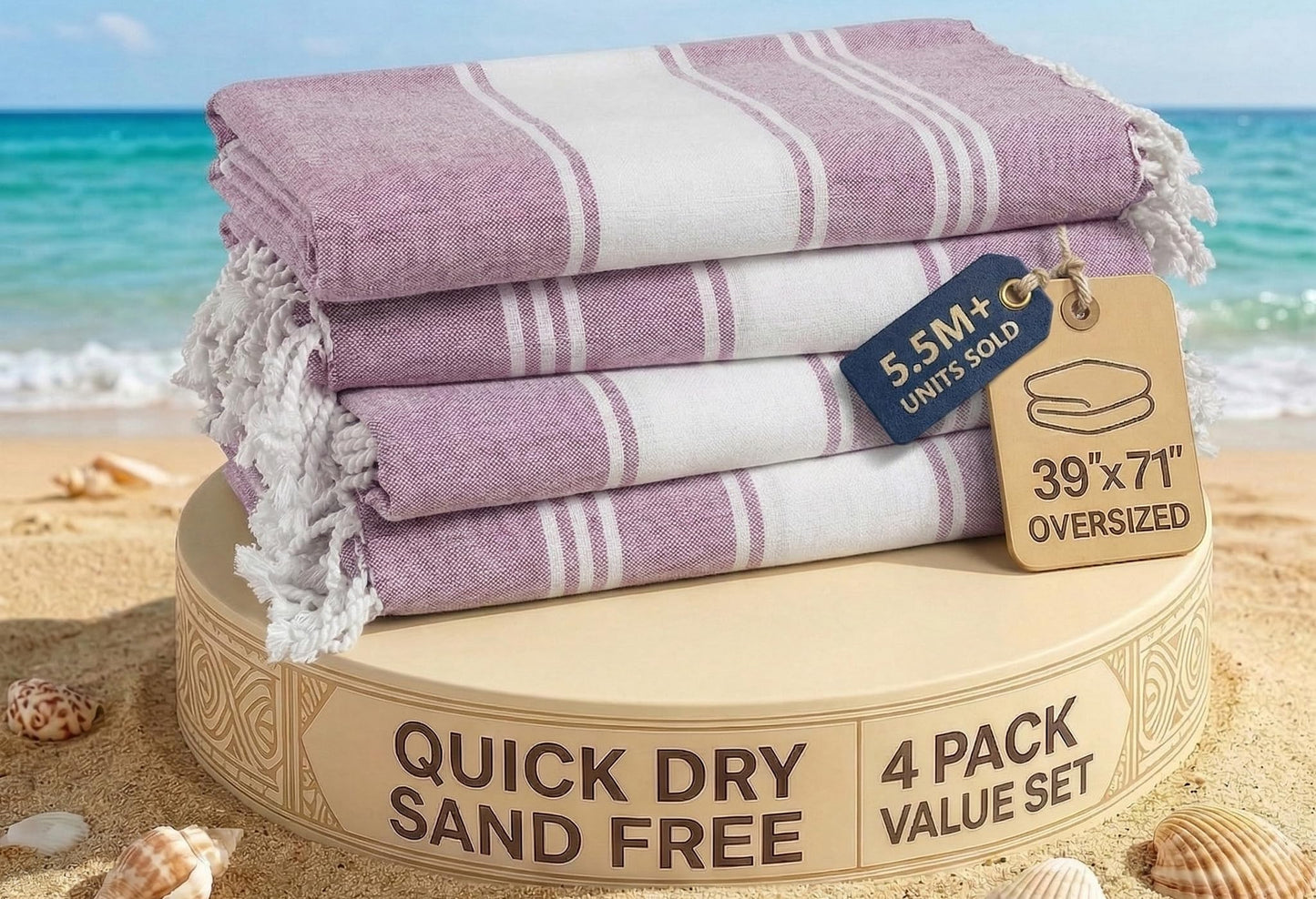 LANE LINEN Beach Towels 4 Pack Oversized - Turkish Towel Set, Pre-Washed Oversized Beach Towel, Quick Dry Beach Towels for Travel, Beach Towel Large, 39"x71" - Regal Orchid