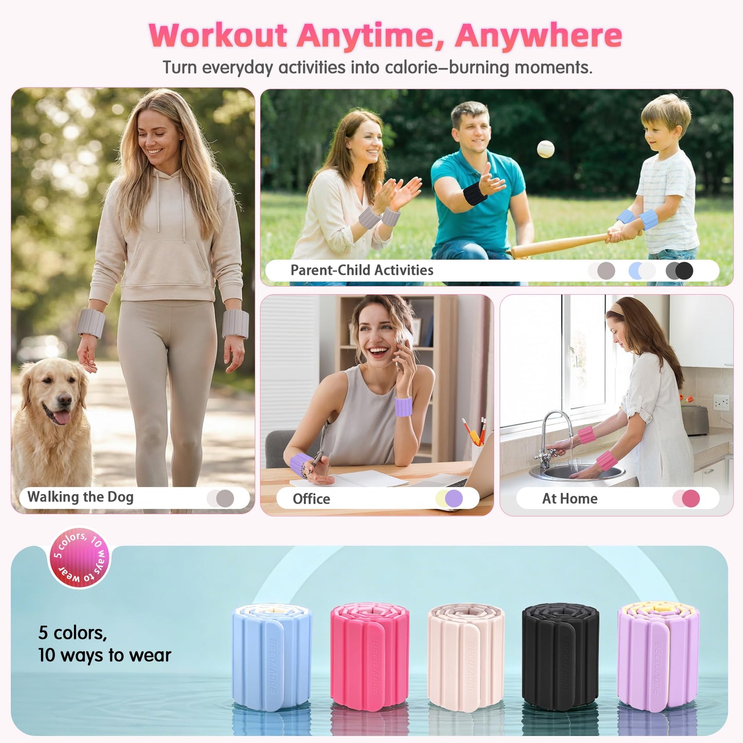 BECOJADDE Wrist Weights Ankle Weights for Women 1 Pair (2.2 lb Each) Silicone Magnetic Leg Arm Weighted Bracelet for Home Yoga Pilates Gym Workout Walking Jogging, Pink Blush