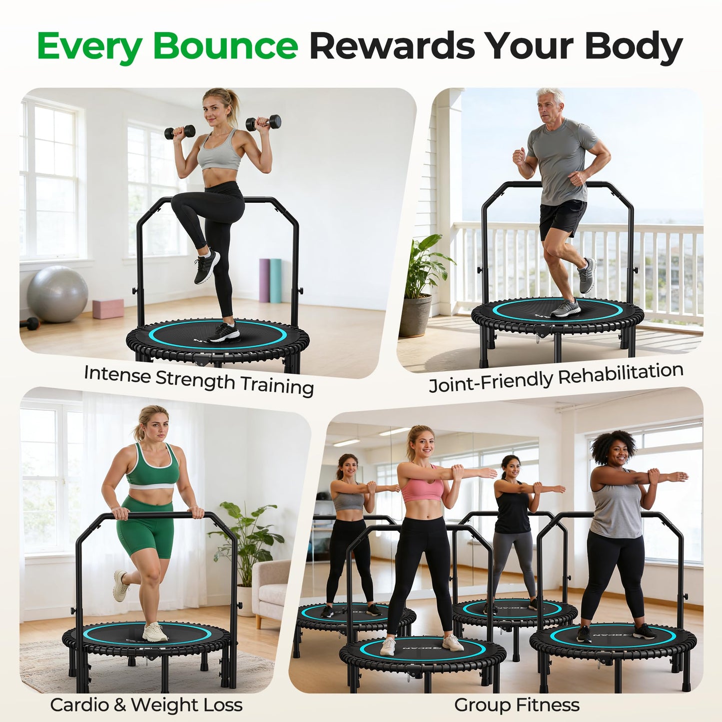 BCAN BT2 450/550LBS Mini Rebounder Trampoline for Adults with Bar, Fitness Trampoline with Bungees, Adjustable Handle, Stable & Quiet, Indoor Outdoor, Whole-Body Workout & Relaxation at Home-40IN-BLU
