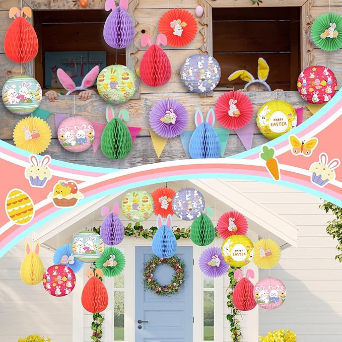Retisee 18 Pcs Easter Party Decoration Easter Honeycomb Decorations Hanging Pastel Paper Lanterns Bunny Paper Fans for Ceiling Tree Spring Party Classroom Decoration