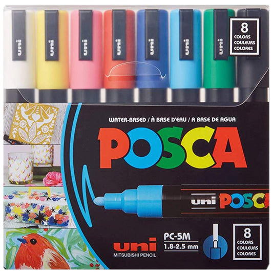 Posca Paint Markers, 5M Medium Acrylic Markers with Reversible Tips, Artist Recommended For Gifts, Fabric, Metal, Glass, Wood and Canvas, Assorted Colors, Set of 8