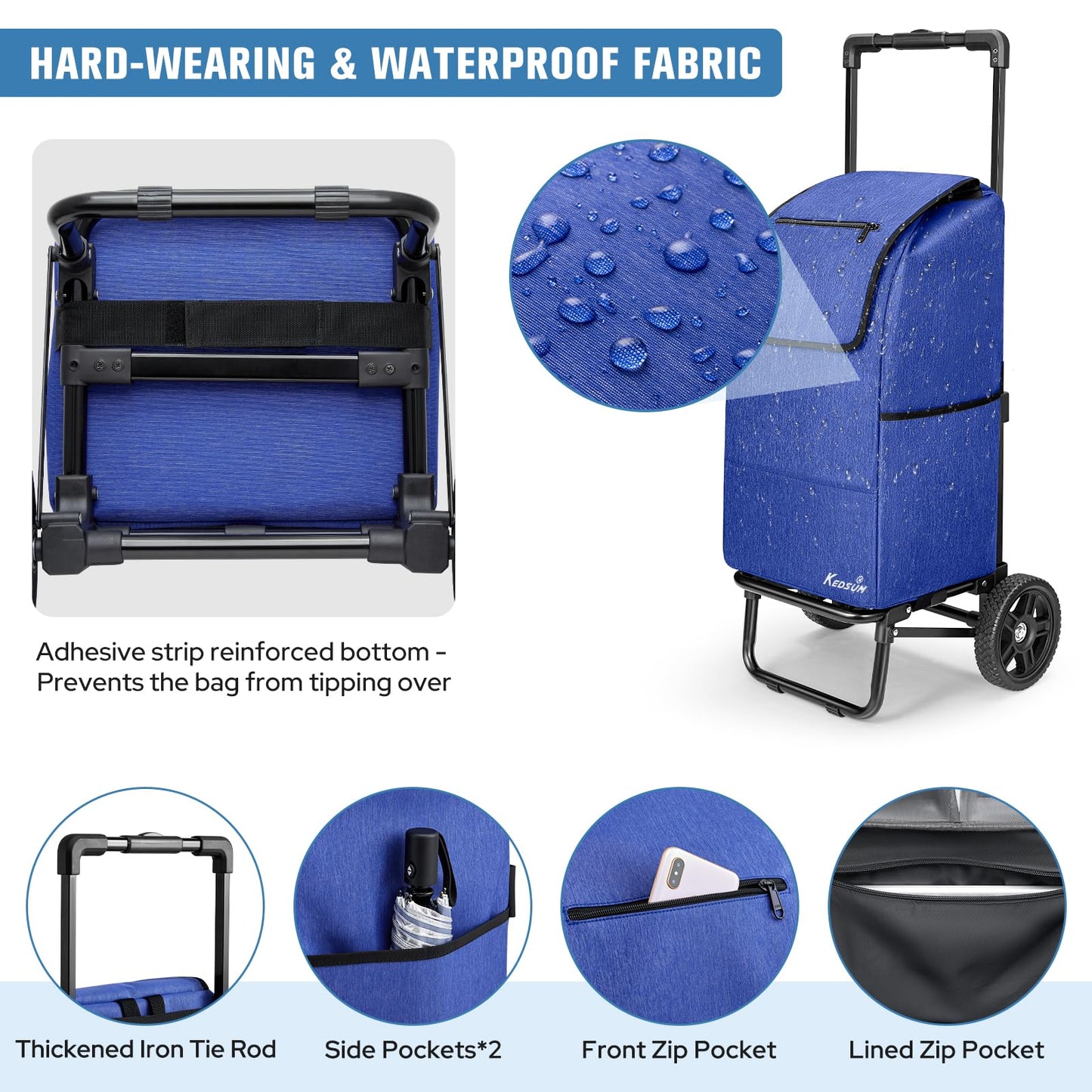 KEDSUM 2 in 1 Shopping Carts for Groceries, 330 lbs Grocery Cart on Wheels, Foldable Utility Carts with Wheels, Load-Bearing Hand Truck with Waterproof Bag for Shopping, Camping, Laundry, Garden, Blue