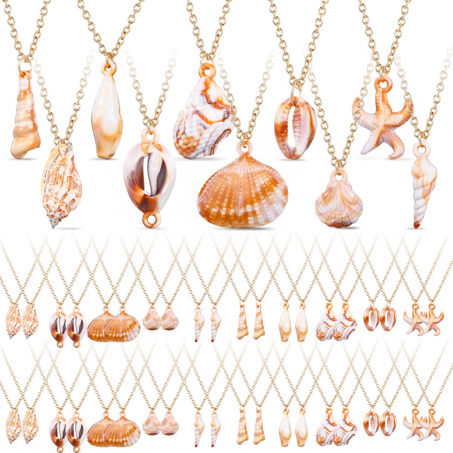 Tondiamo 50 Pack Seashell Necklace Bulk for Women Natural Ocean Themed Jewelry Adjustable Conch Scallop Pendant Necklace for Summer(10 styles)
