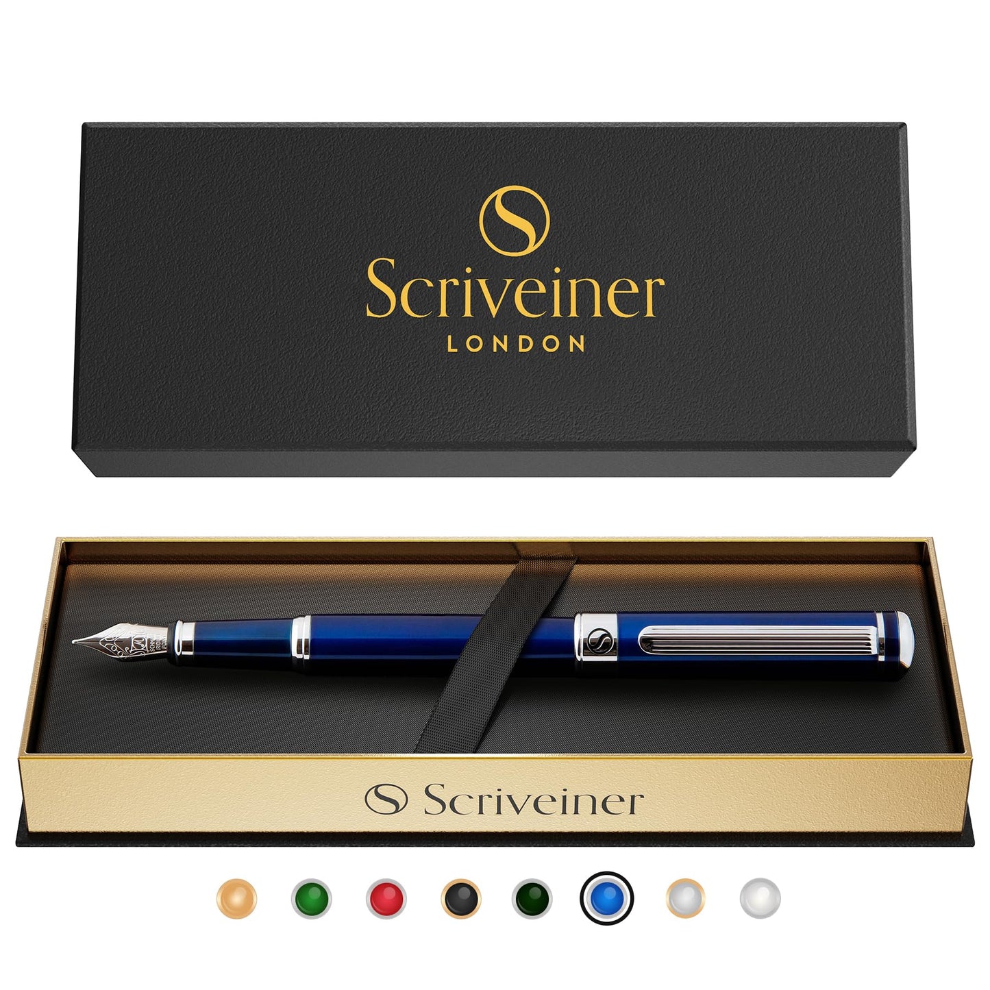 Scriveiner Midnight Blue Fountain Pen - Stunning Luxury Pen with Chrome Appointments, Schmidt Nib (Fine), Best Pen Gift Set for Men & Women, Professional, Executive, Office, Nice Pens
