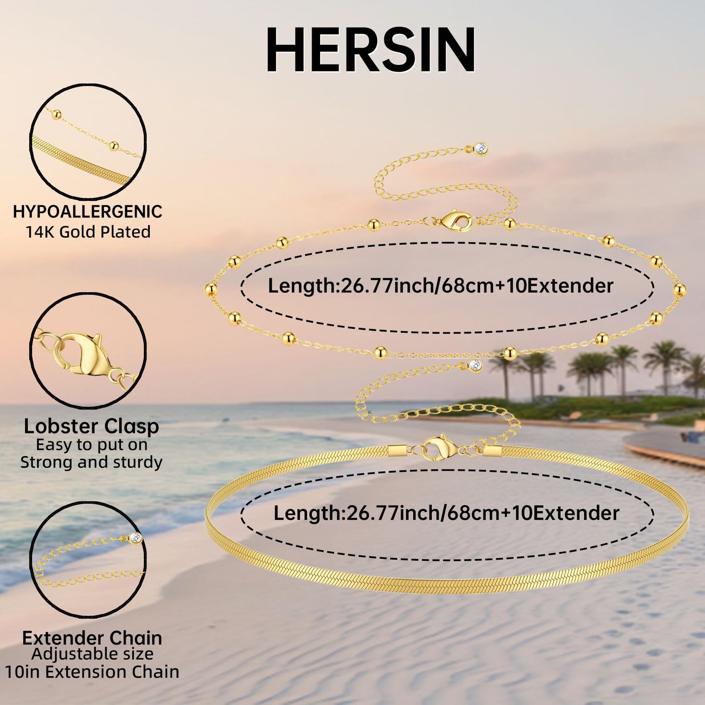HERSIN Waist Chain for Women, 14K Gold Plated Layered Belly Belt Chains Beach Waist Beads Chain Waterproof Herringbone Snake Body Chain Summer Jewelry Accessories for Women