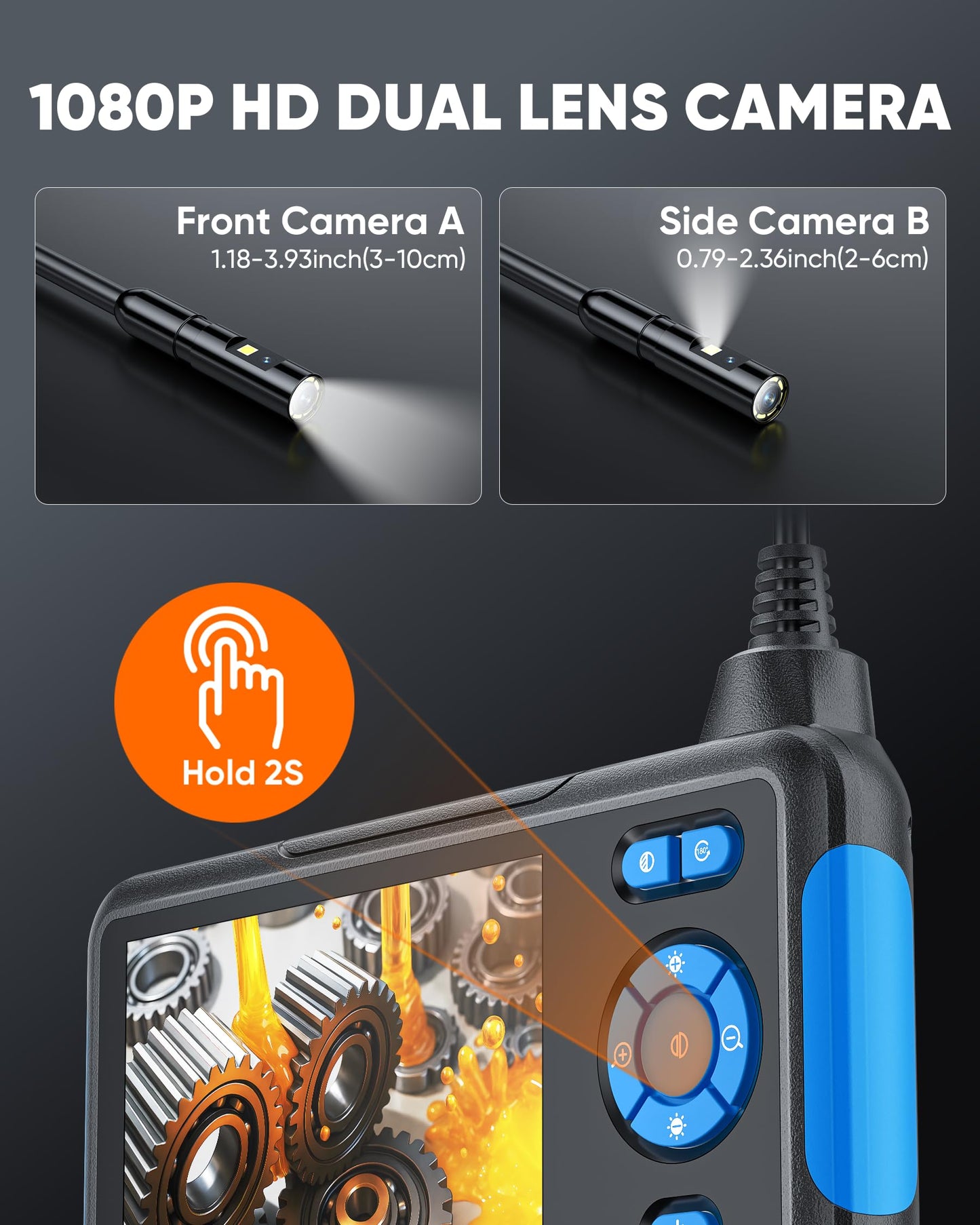 T TAKMLY Endoscope Camera with Light, Dual Lens 1080P Industrial Borescope with 8 LED Lights, 4.3'' Inspection Snake Cameras, 16.4FT Semi-Rigid Cable, IP67 Waterproof (Blue)