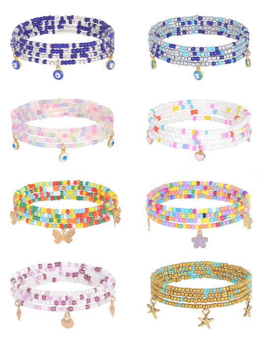 Tornito 8Pcs 31.5 Inches African Waist Bead Chain Elastic Belly Beads Butterfly Starfish Blue Evil Eye Flower Shell Layered Body Chain Colorful Jewelry Accessories for Women (E:8Pcs(Ocean))