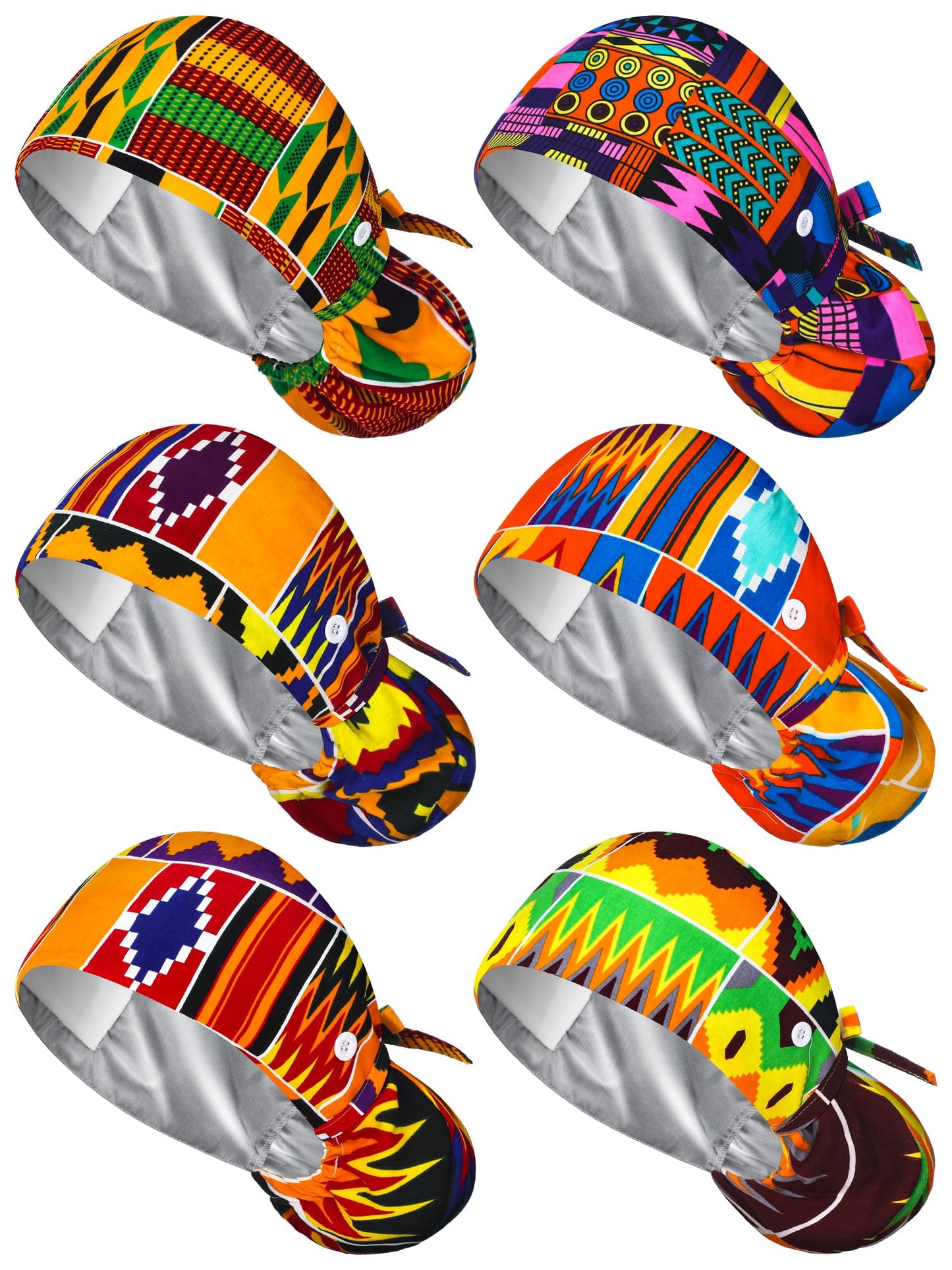 Floraltop 6 Pcs Satin Lined Scrub Caps Women Nurse Surgical Hat with Buttons Ponytail Working Adjustable Shower Caps Tie Back(African Style)