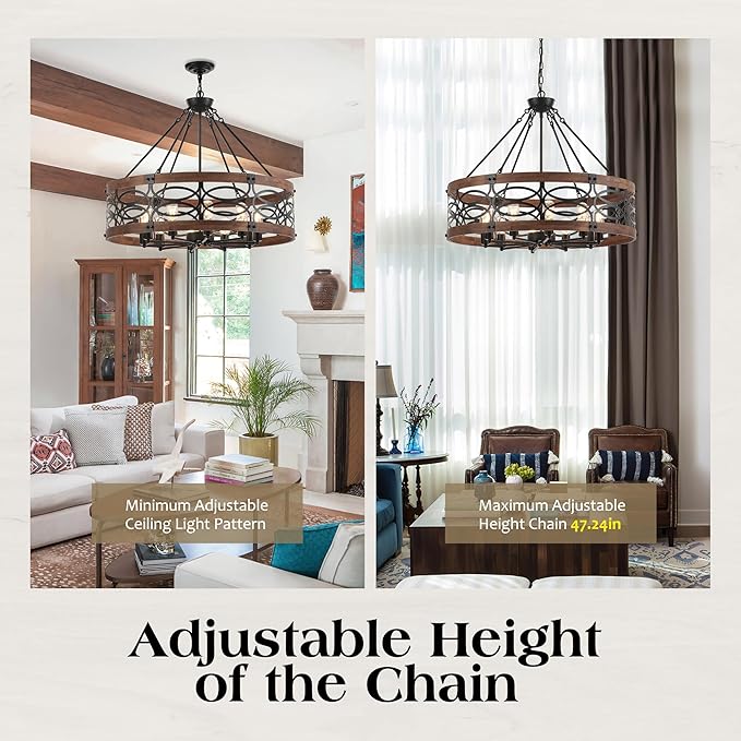 10-Light Farmhouse Drum Wood Pendant Light,32.24'' Vintage Rustic Brown Oak Wood Chandeliers,Retro Industrial Hanging Light Fixtures for Dining Room Entryway, Bedroom