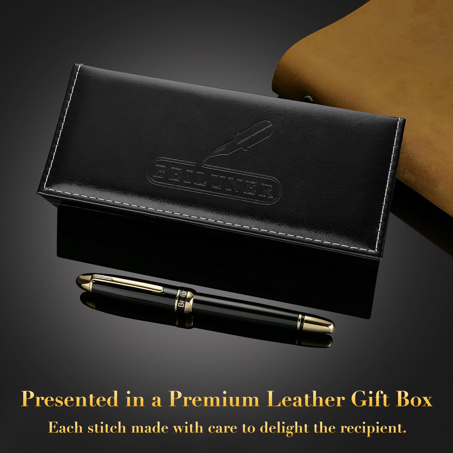 BEILUNER 315 Black Fountain Pen,Stunning Luxury Pens with 24K Gold Accents, Gorgeous 24K Gilded Nib(Medium), Ink Converter,Fancy Pen Gift for Men&Women-Elegant, Office, Reliable, Nice Design
