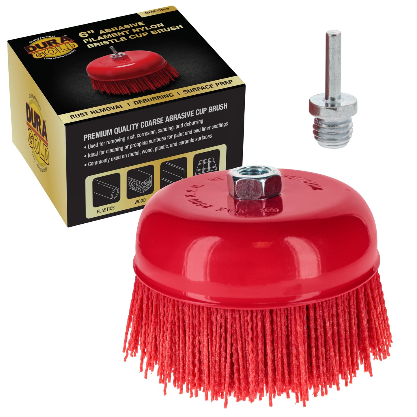 Dura-Gold 6" Abrasive Filament Nylon Bristle Cup Brush - 5/8" 11 Thread, 1/4" Hex Drill Shank Arbor, Coarse Grit Angle Grinder Brush for Truck Bed Liner Surface Prep, Sanding, Rust & Paint Removal