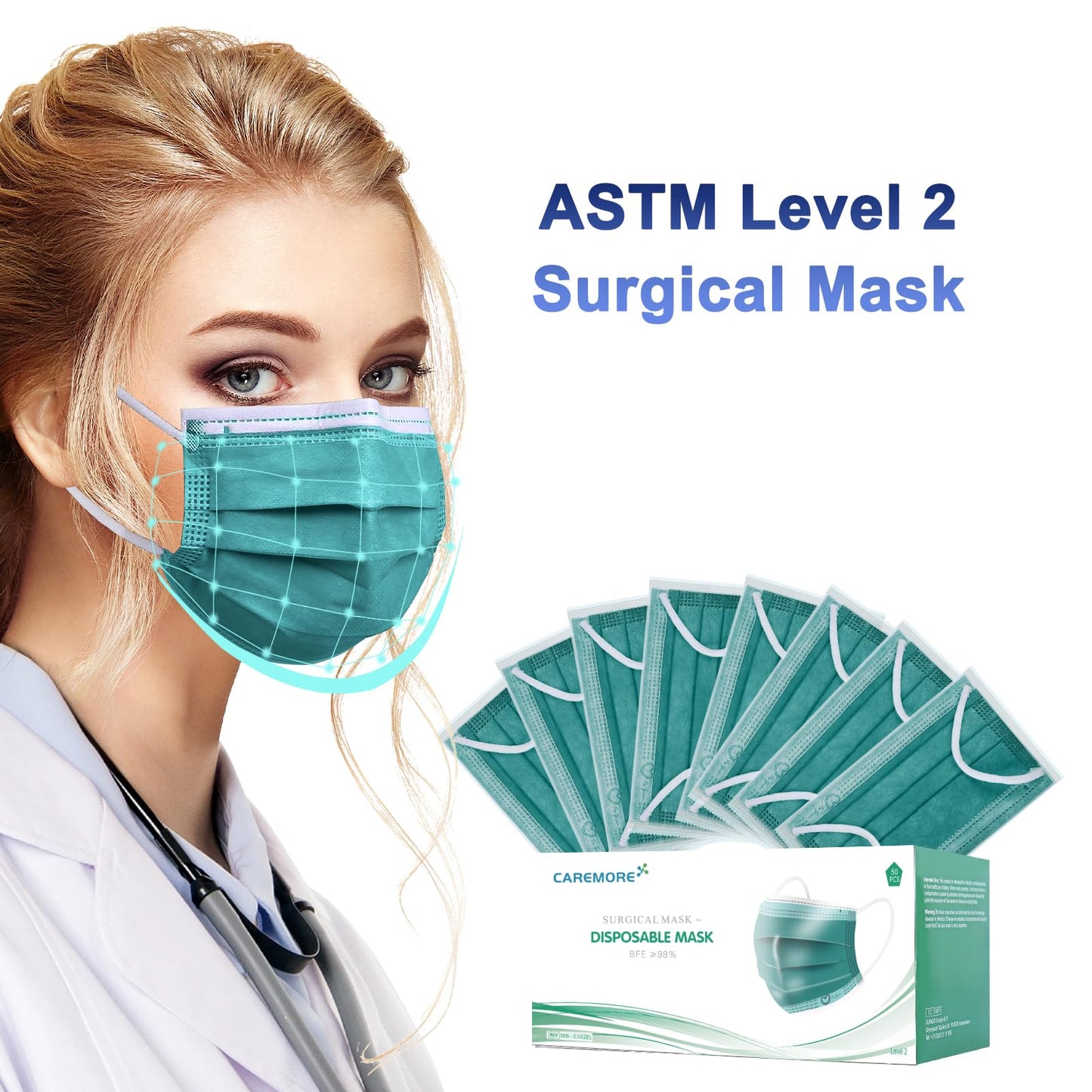 4 Ply Disposable Face Mask Protective(50PCS), Elastic Earloops, Single Use- Green