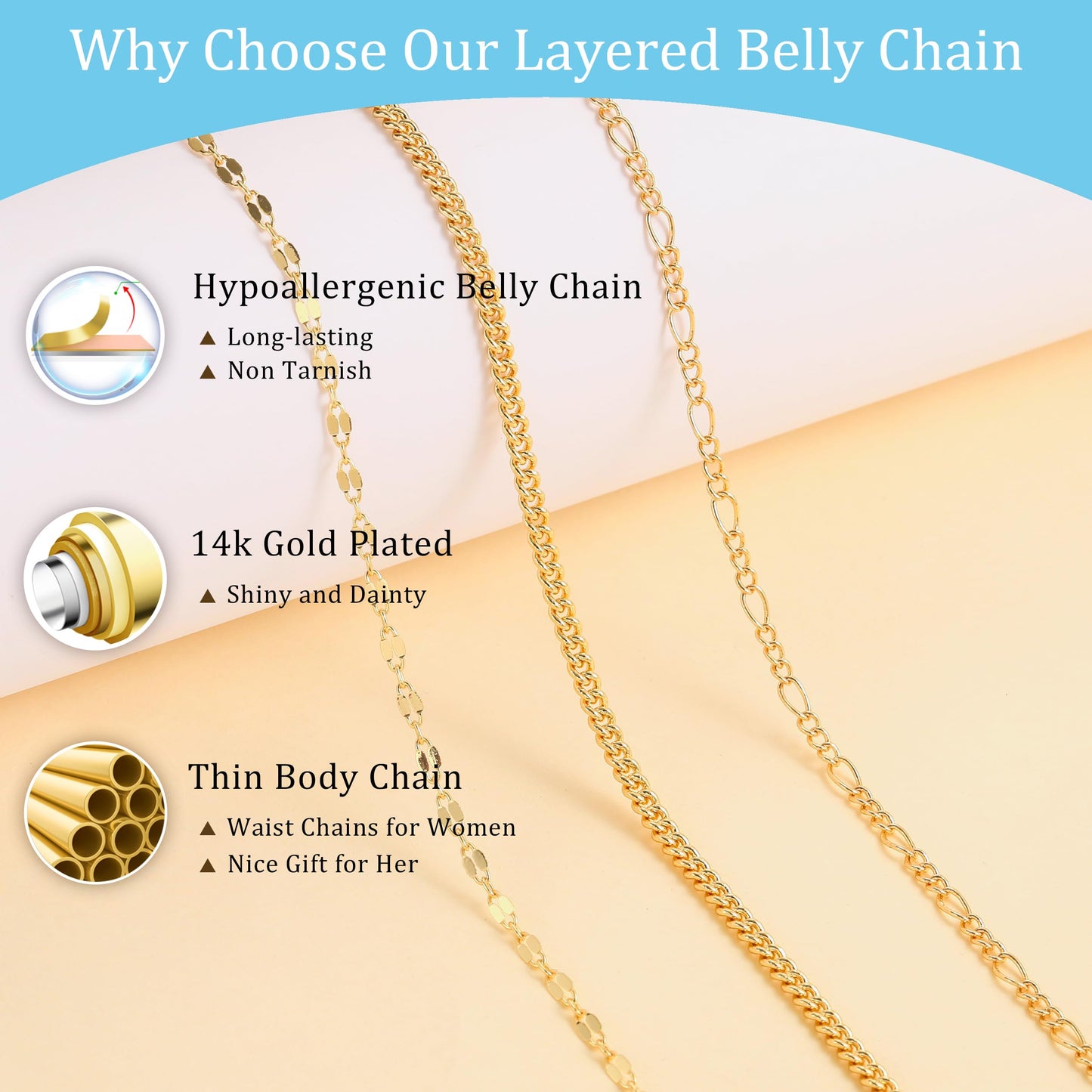 CHESKY 14K Gold Plated Layered Waist Chain for Women, Belly Belt Chains Beach Waist Beads Chain Waterproof Cuban Figaro Body Chain Summer Jewelry Accessories for Women