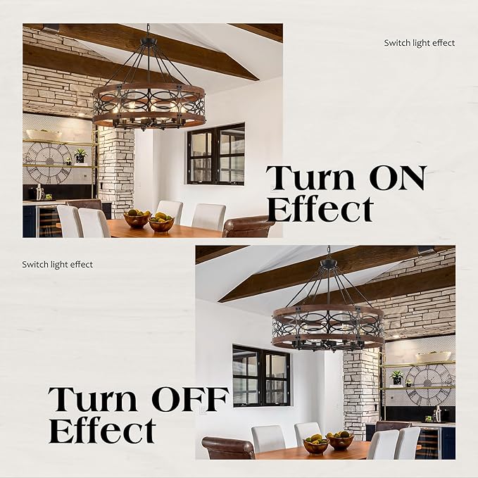 10-Light Farmhouse Drum Wood Pendant Light,32.24'' Vintage Rustic Brown Oak Wood Chandeliers,Retro Industrial Hanging Light Fixtures for Dining Room Entryway, Bedroom