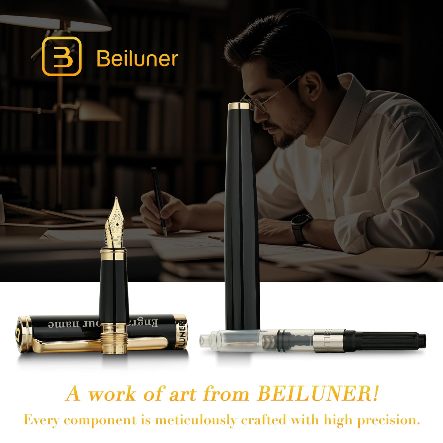 BEILUNER Black Personalized Fountain Pen,Stunning Luxury Lacquer,24K Gilded Nib(Fine),Gorgeous 24K Gold Finish, Ink Converter,Fancy Office Gift for Men&Women-Elegant, Graduation,Nice Pens for Writing