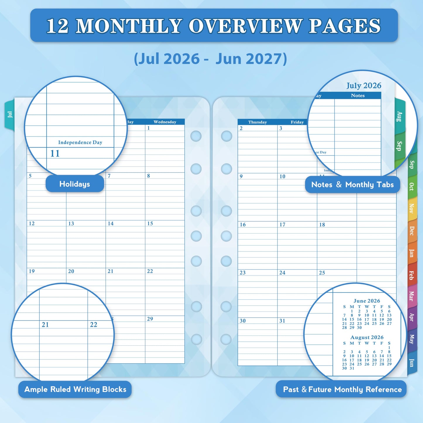 2026-2027 Planner Refills – Jul 2026 - Jun 2027, Two Pages Per Day Daily ＆ Monthly Planner 2026-2027, 5.5" x 8.4" Ring-Bound Organizer, Tabs, Quotes, Prioritized Task, Daily Tracker/Notes, Appointment Schedule
