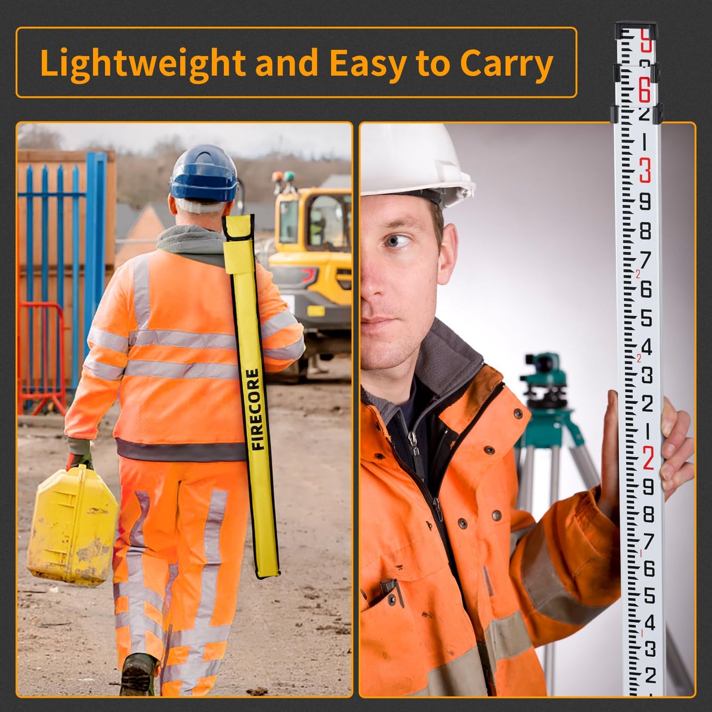 Firecore 9-Foot Aluminum Grade Rod – 10ths, Dual Sided 3-Section Telescopic Survey Rod