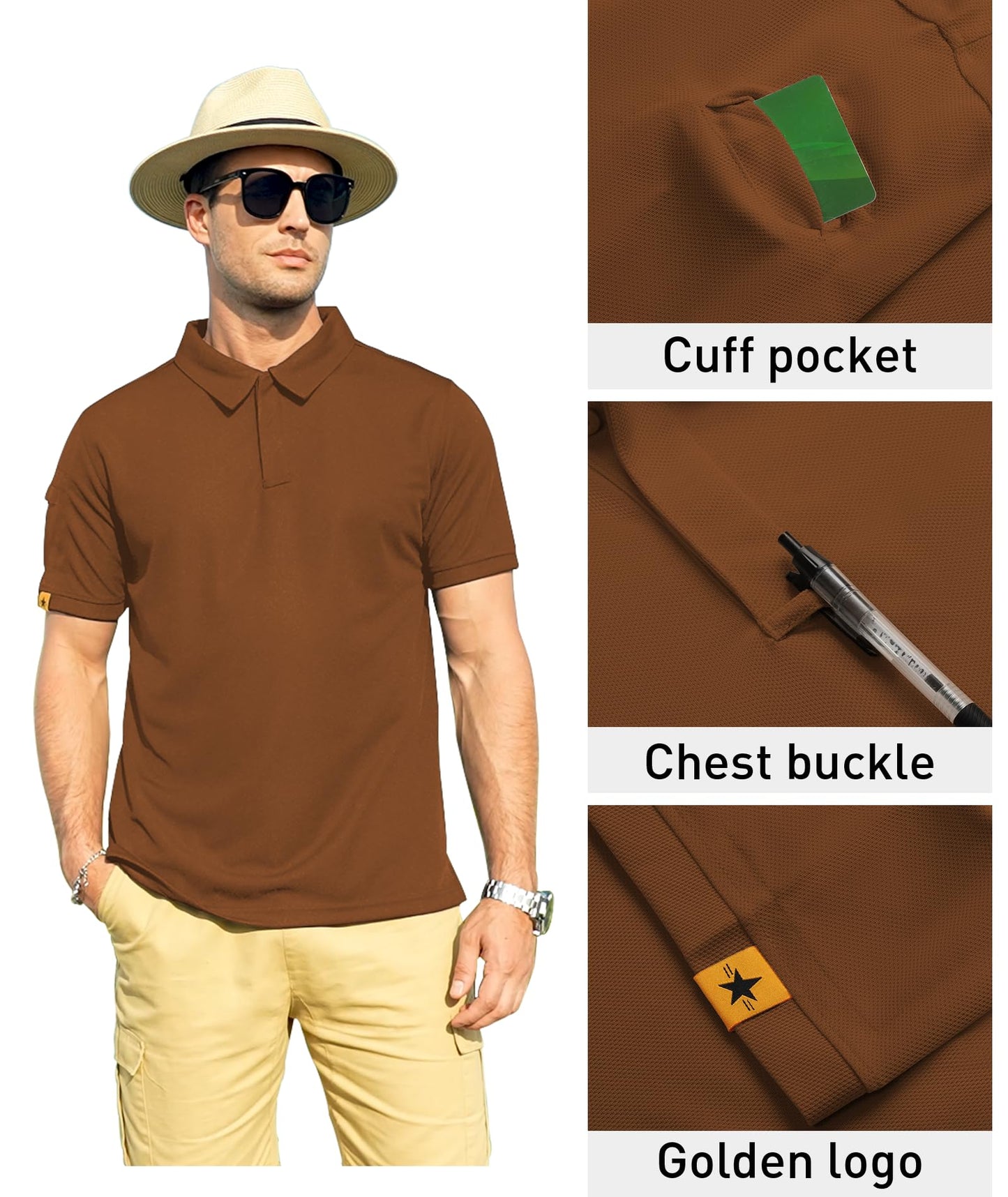 ZITY Mens Polo Shirt Short Sleeve Sports Tactical T-Shirt Athletic Golf Polos Daily Casual Stylish Collared Shirts for Men Light Brown XX-Large