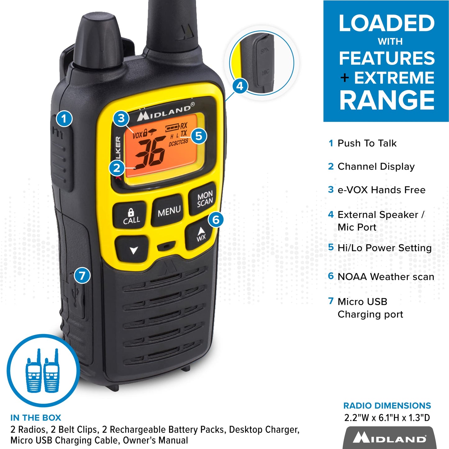 Midland® - T61VP3 X-TALKER - Two-Way Radio - 36 Channel FRS- Long Range Walkie Talkie, 121 Privacy Codes, & NOAA Weather Scan & Alert Black/Yellow, 2-Pack