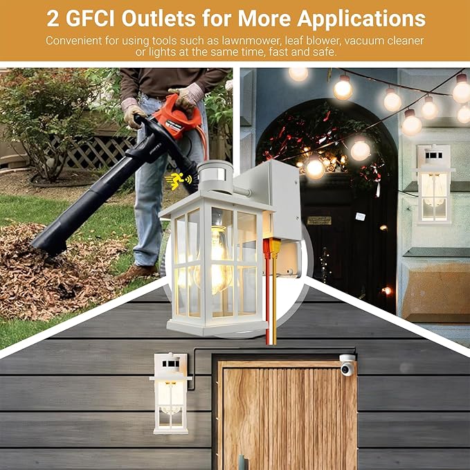 Motion Sensor Porch Lights with GFCI Outlet, Outside Dusk to Dawn Wall Mount, 3 Lighting Modes Exterior Light Fixture Waterproof, Outside Wall Lamp for House Patio Garage.(White,1 Pack)