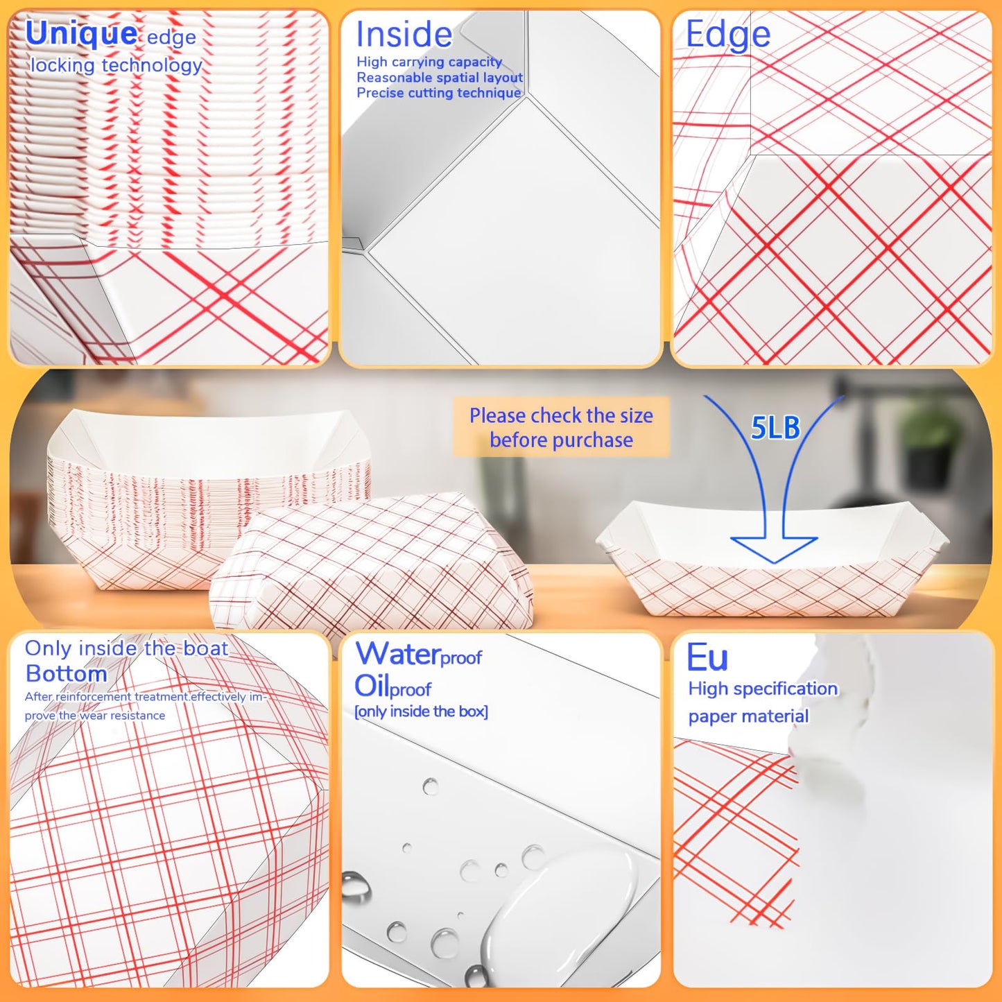 MotBach 100 Pack Extra Large 4Lb Paper Food Boats Trays Disposable Paper Boat Containers, Checkered Kraft Food Serving Tray Boats Baskets for Snack Popcorn BBQ Hot Dog Burger Sandwich Taco Fries Nacho