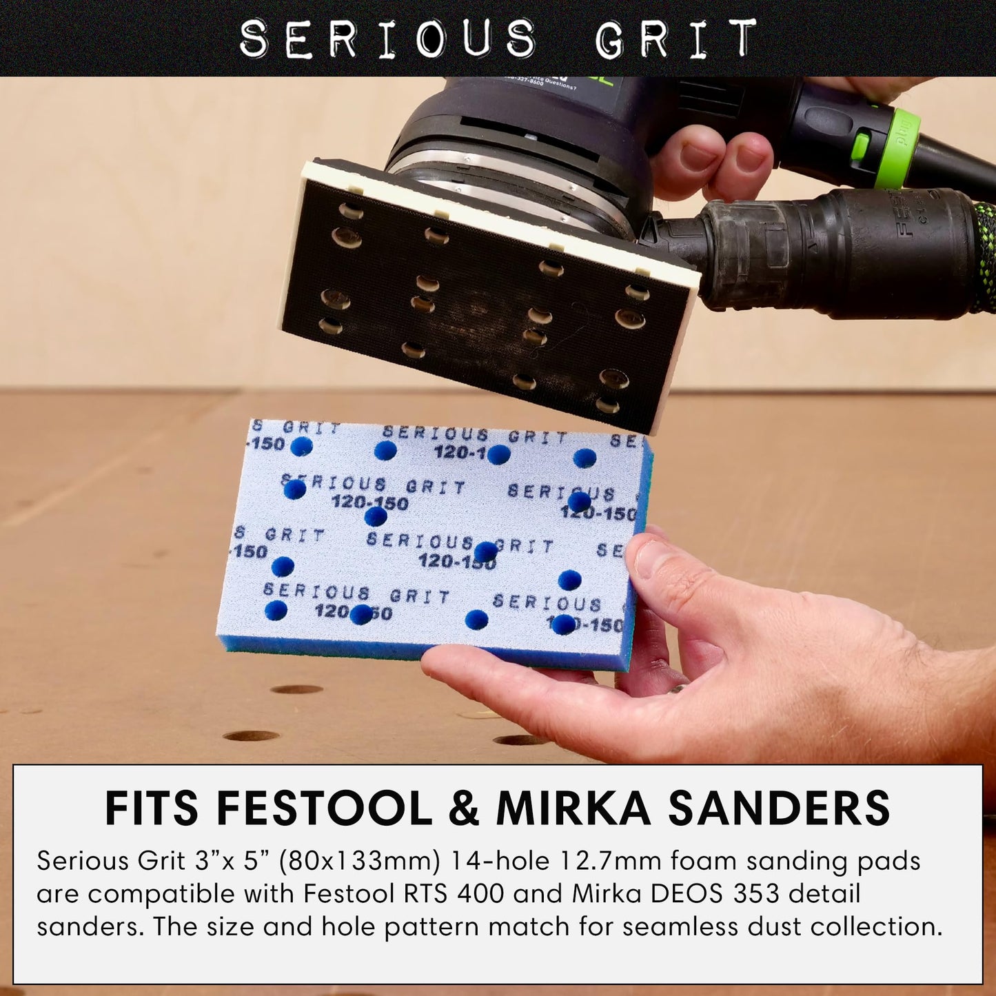 Serious Grit - 3" x 5" (80x133mm) Foam Sanding Pads - P120-600 Assorted Finish Grit - 1/2" Thick Low Density Foam - Hook & Loop - Fits Festool RTS 400 & Mirka DEOS 3x5 Sanders – Made in USA – 10 Pack