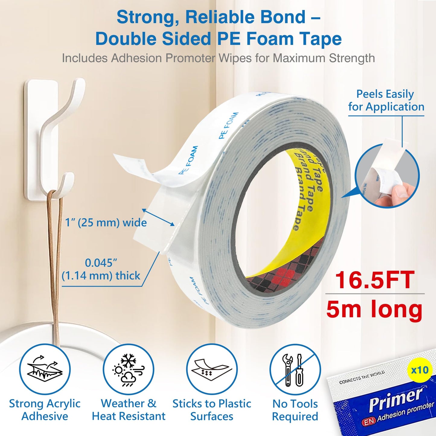 Double-Sided Removable Tape – 1" x 16.5 FT Heavy Duty PE Foam Mounting Tape with Adhesion Promoters – Wall-Safe Waterproof Damage-Free for Posters, Picture Hanging & Painted Walls