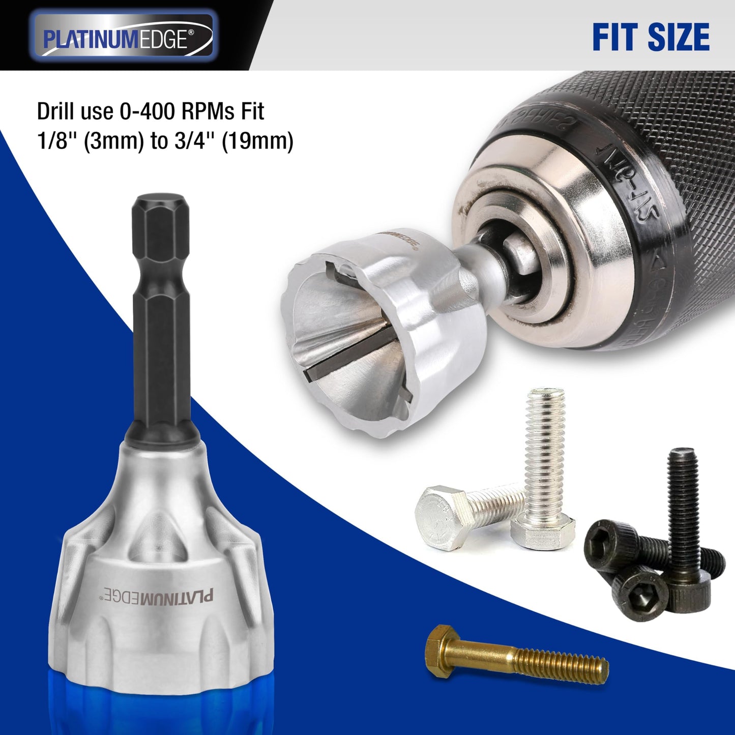 PLATINUMEDGE Deburring External Chamfer Tool with 3 Tungsten Carbide Blades,Quick Release 1/4" Hex Shank, Fits 1/8"-3/4" (3-19mm) – Repair Damaged Bolts, Screws, Threaded Rods & Pipe