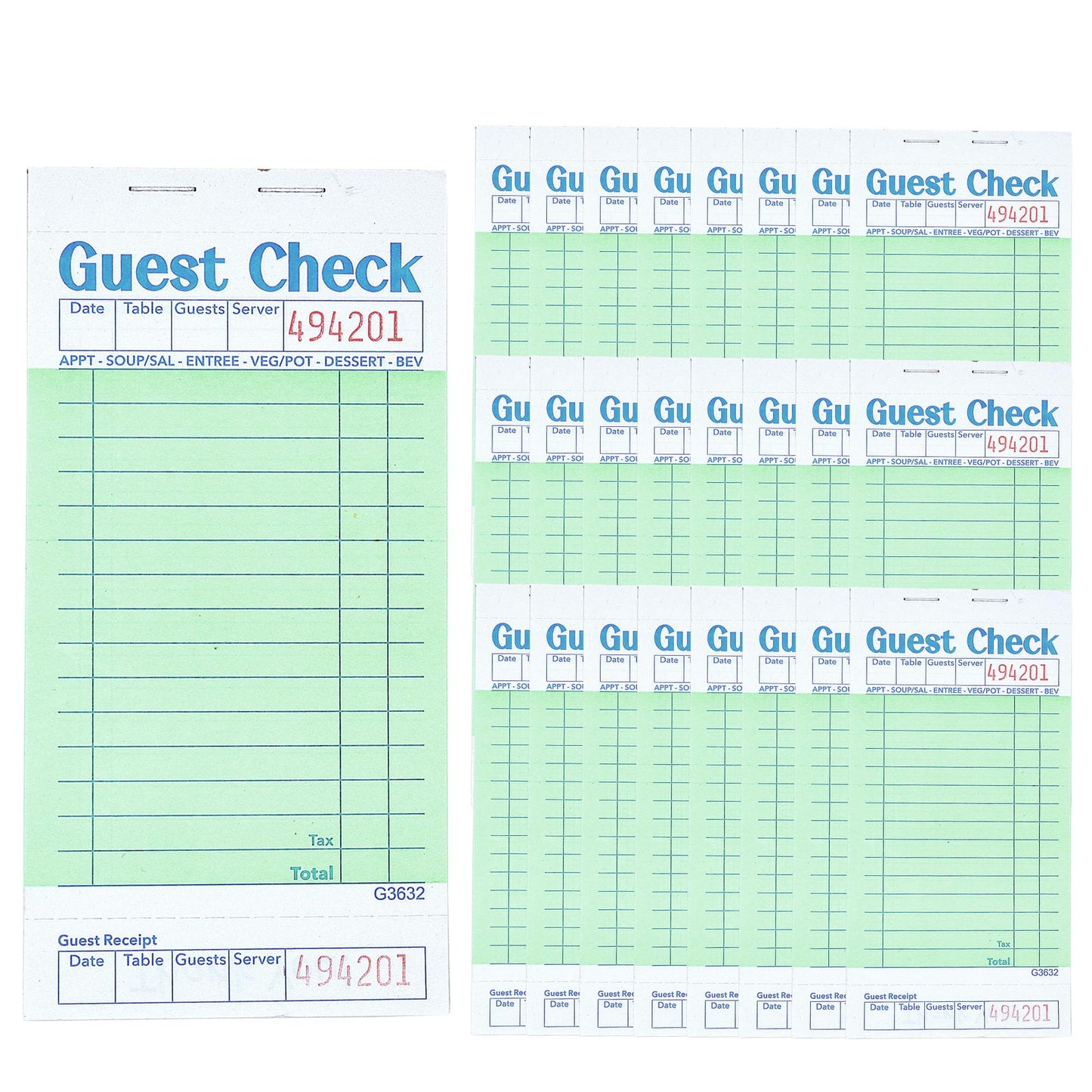 Budgenix Guest Checks Server Note Pads 24 Pack 1200 Orders, Green Guest Check Pads with Bottom Receipt, Waitress Notepad for Restaurant Business