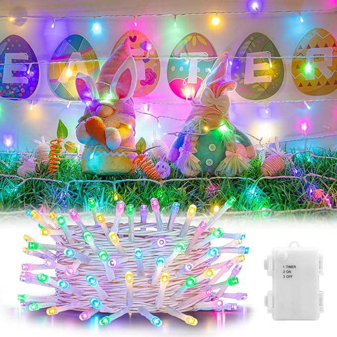 Easter String Lights Battery Operated, Pastel Easter Lights with Timer 16.4ft 50LED White Wire Fairy Lights for Easter Decorations Garland Outdoor Indoor Party