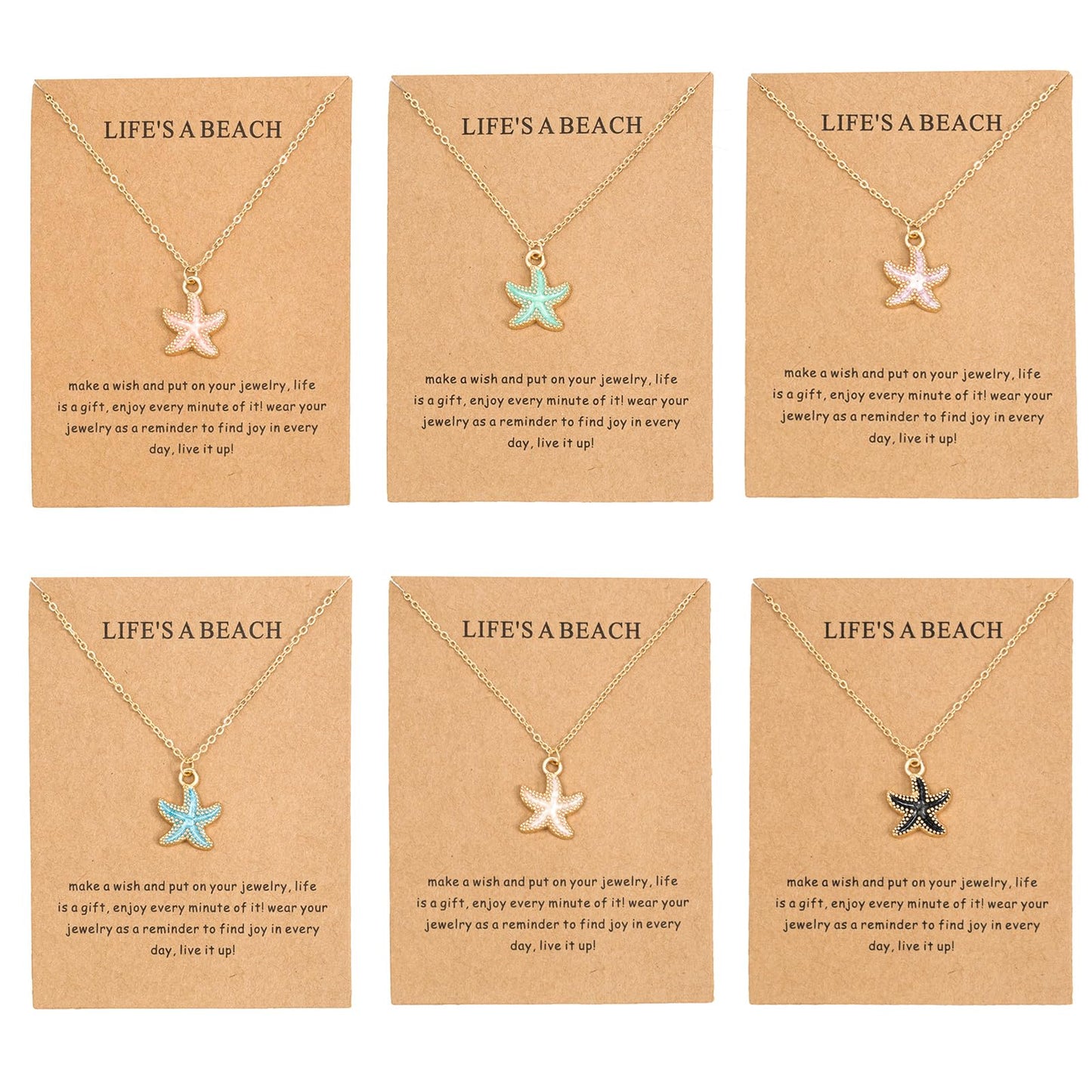 CIWEAI 6Pcs Gold Beach Starfish Necklace Set for Women Cute Beachy Hawaii Star Fish Bulk Necklaces Pack Trendy Hawaiian Friendship Matching Jewelry Accessories (Starfish-Gold-Card)