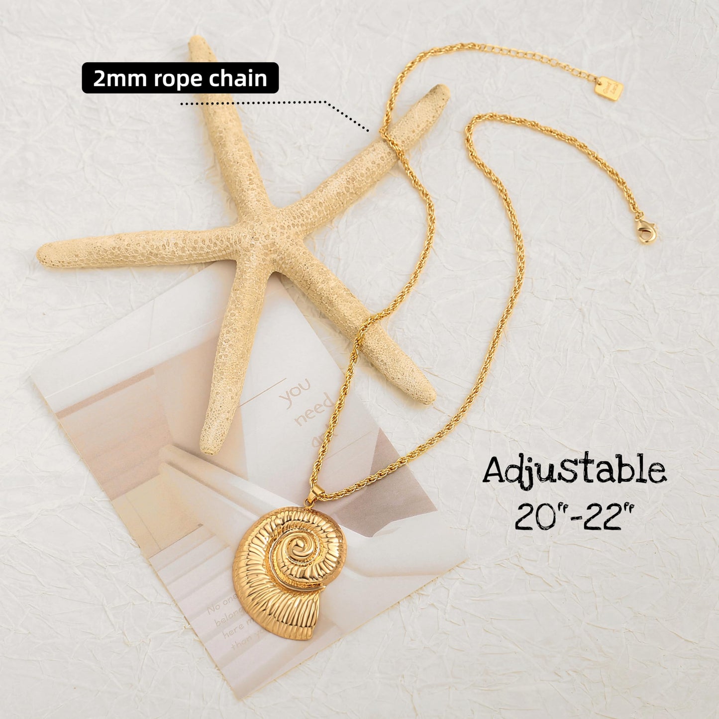PEARLADA Statement Gold Plated Conch Shell Necklace, Boho Large Pendant Sea Shell Necklace, Adjustable Beach Summer Jewelry