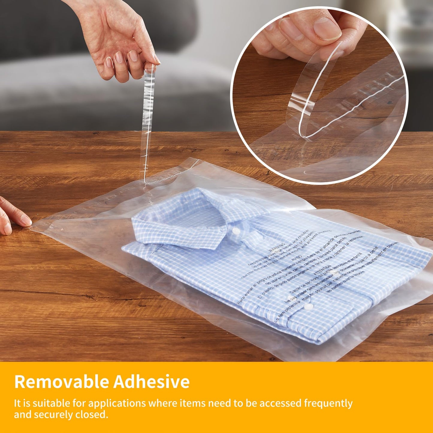 iMailer - 200 Count - 13" x 15" Clear Plastic Poly Bags with Suffocation Warning for Clothing, T-Shirts, Pants-Resealable Adhesive,Not Strong