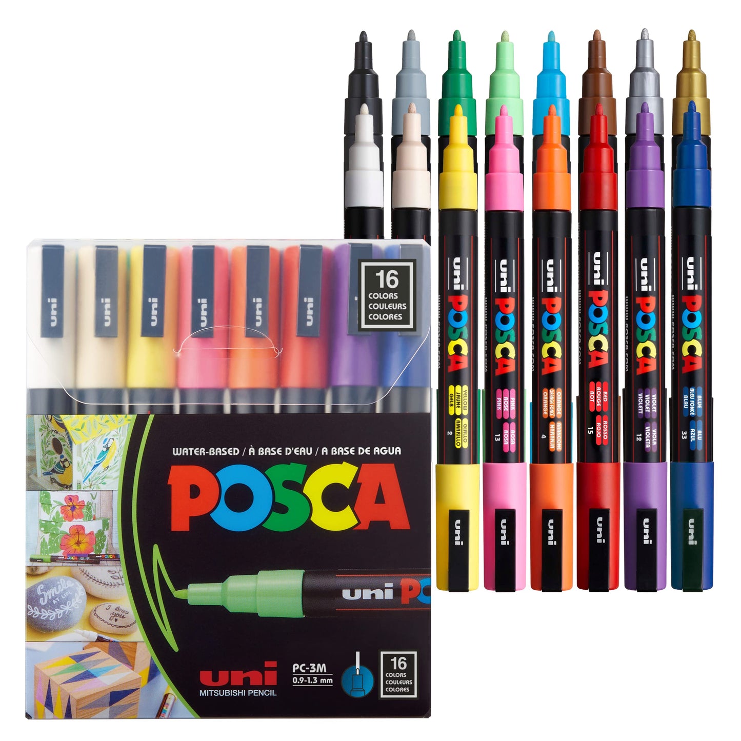 Posca Paint Markers, 3M Fine Tip Point Acrylic Paint Pens with Reversible Tips, Art Supplies For Gifts, Decorations Fabric, Metal, Glass, Wood and Canvas, Set of 16
