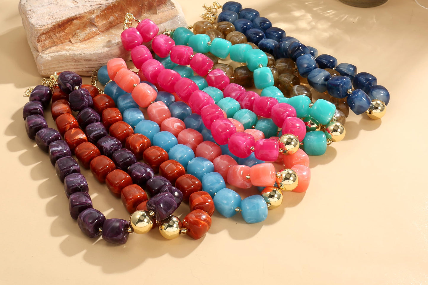BREPINE Navy Blue Chunky Necklaces for Women Multicolored Large Square Resin Beads Necklace Trendy Bold Statement Beaded Summer Candy jelly Vacation Choker
