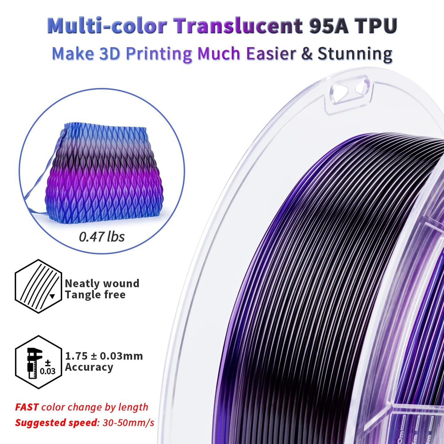 ZIRO TPU Filament 1.75mm, Shore 95A Hardness TPU, Flexible Fast Color Change Filament, Compatible with Most FDM Printers, Colorful and Soft 3D Printing Material, 0.8KG/ 1.76lbs Spool, Flex Nightsky