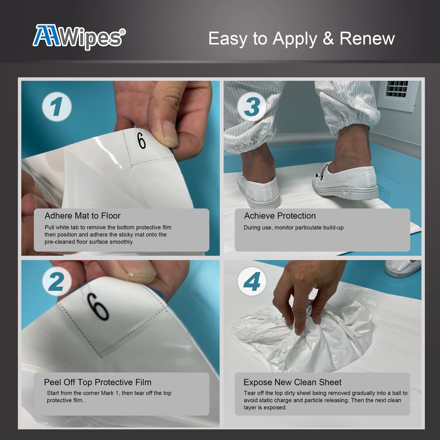 AAwipes Sticky Mat Tacky Pads Adhesive 24" x 36" 5 Packs, 30 Sheets/Packs, 150 Sheets Total White Cleanroom Floor Mats Remove Dirt for Laboratory Construction Hospital Shoes
