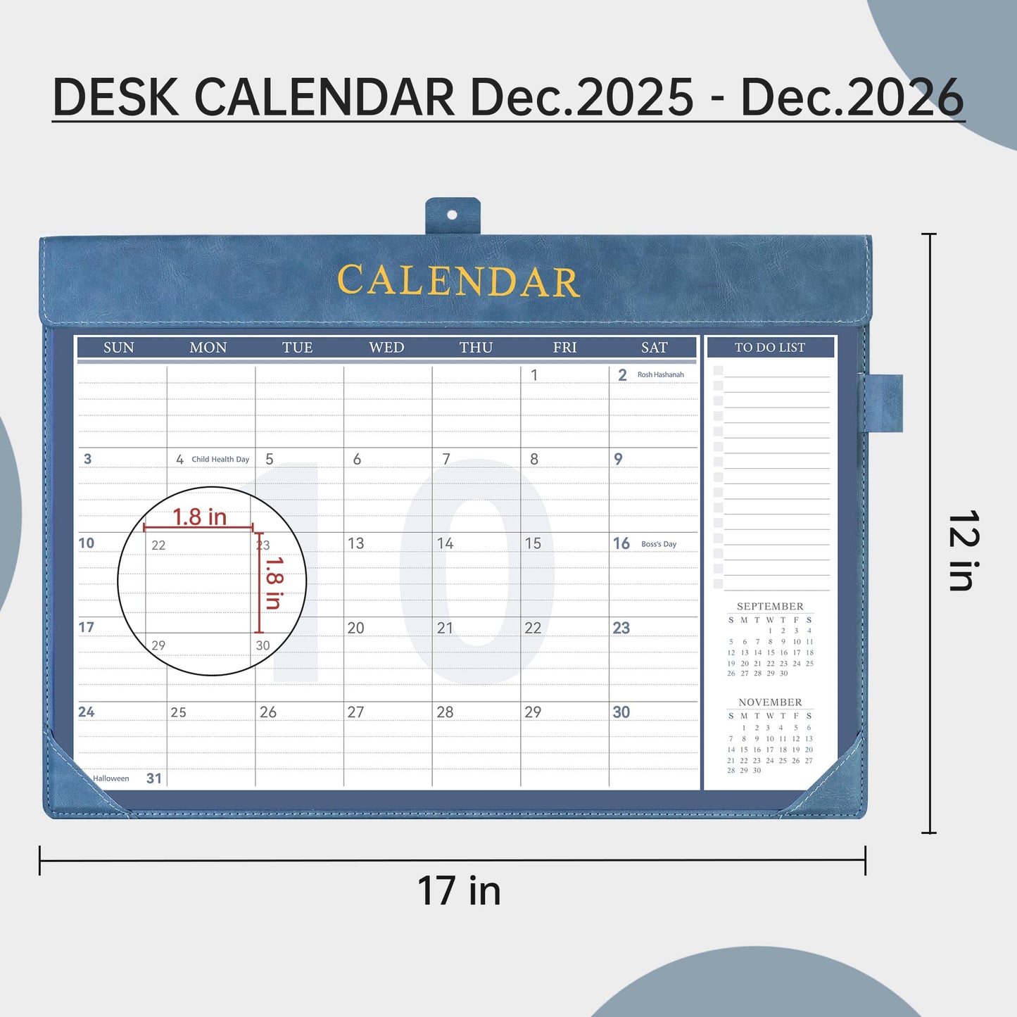 Yoment Desk Calendar 2026 Leather Desk Calendar with to-Do Lists, 13 Months Desk Pad Wall Calendar with Pen Holders PVC Cover for Work Office School Home Women Men, Jan2026-Dec 2026, 17 x 12, Blue