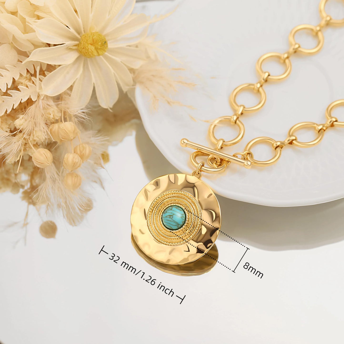 PEARLADA Chunky Gold Plated Large Pendant Necklace, Statement Coin Necklace with Toggle Clasp