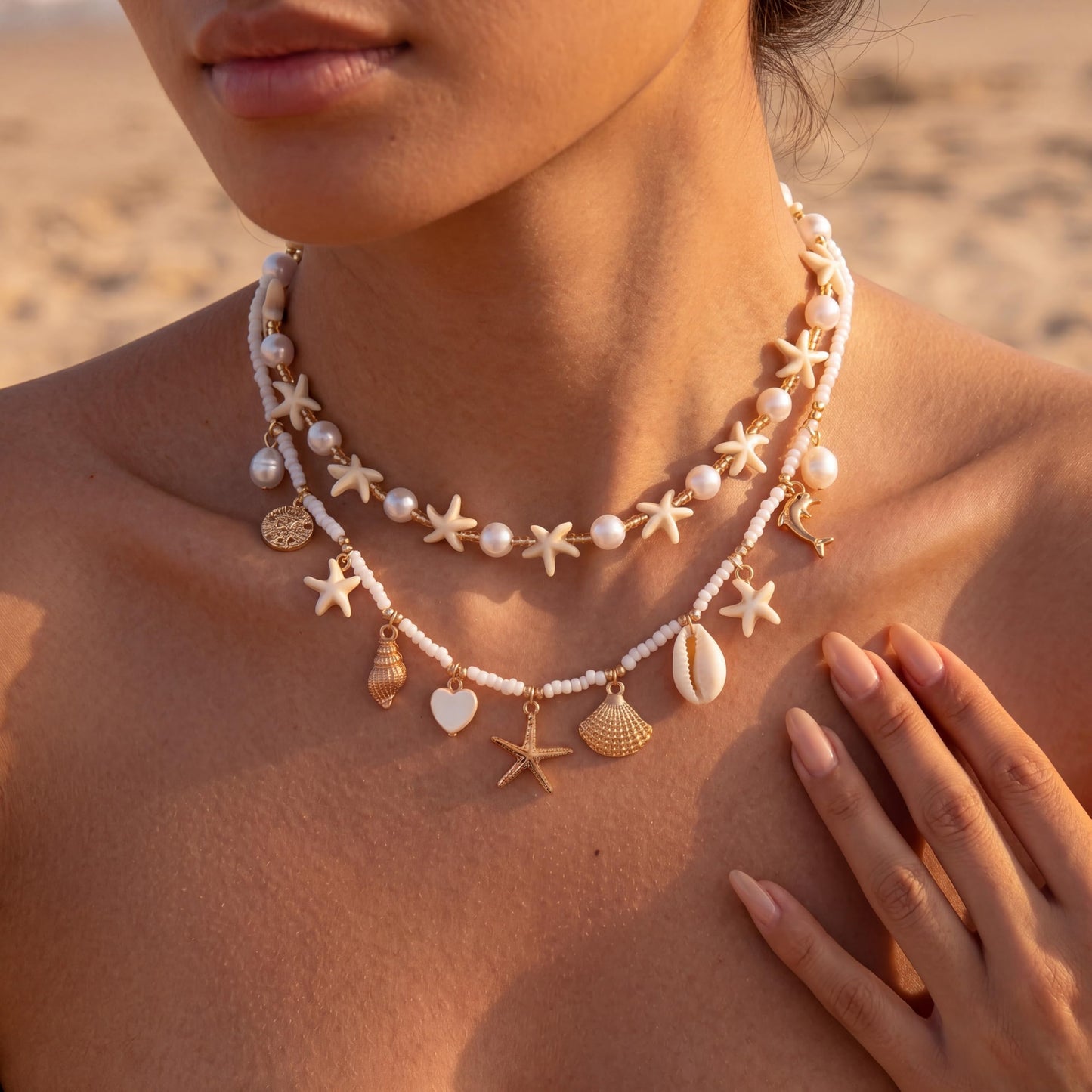 Shell Starfish Necklace for Women, Gold Plated Layered Pendant Necklace with Pearl Conch Charms, Boho Coastal Summer Beach Vacation Jewelry Gifts(Charm 2P)