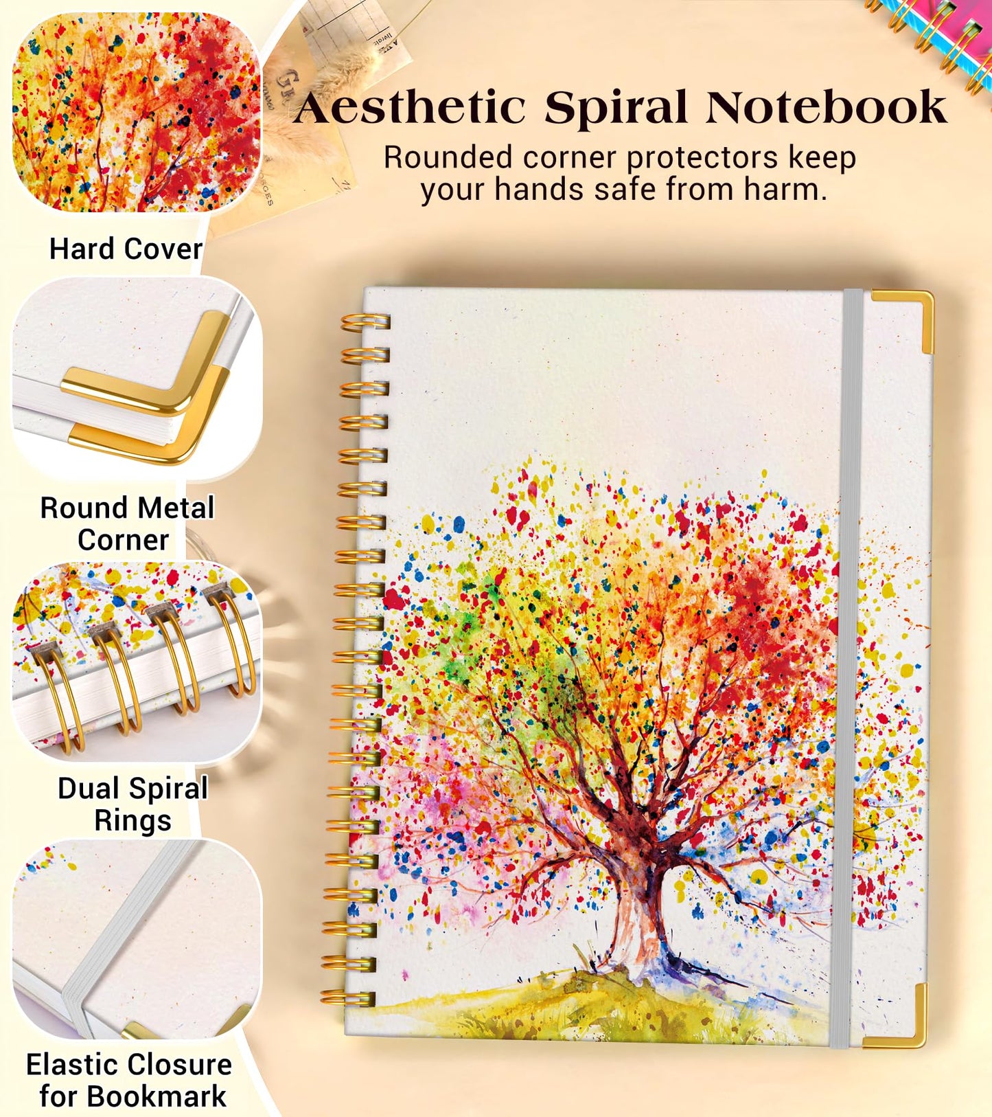 Lined Spiral Notebook Journal for Women, 200 Pages Cute Notebooks 8.5” x 11”, A4 Large Hardcover Spiral Journals with 100 GSM Thick Paper, College Ruled Notebook for Writing Work School, Colorful Tree of Life